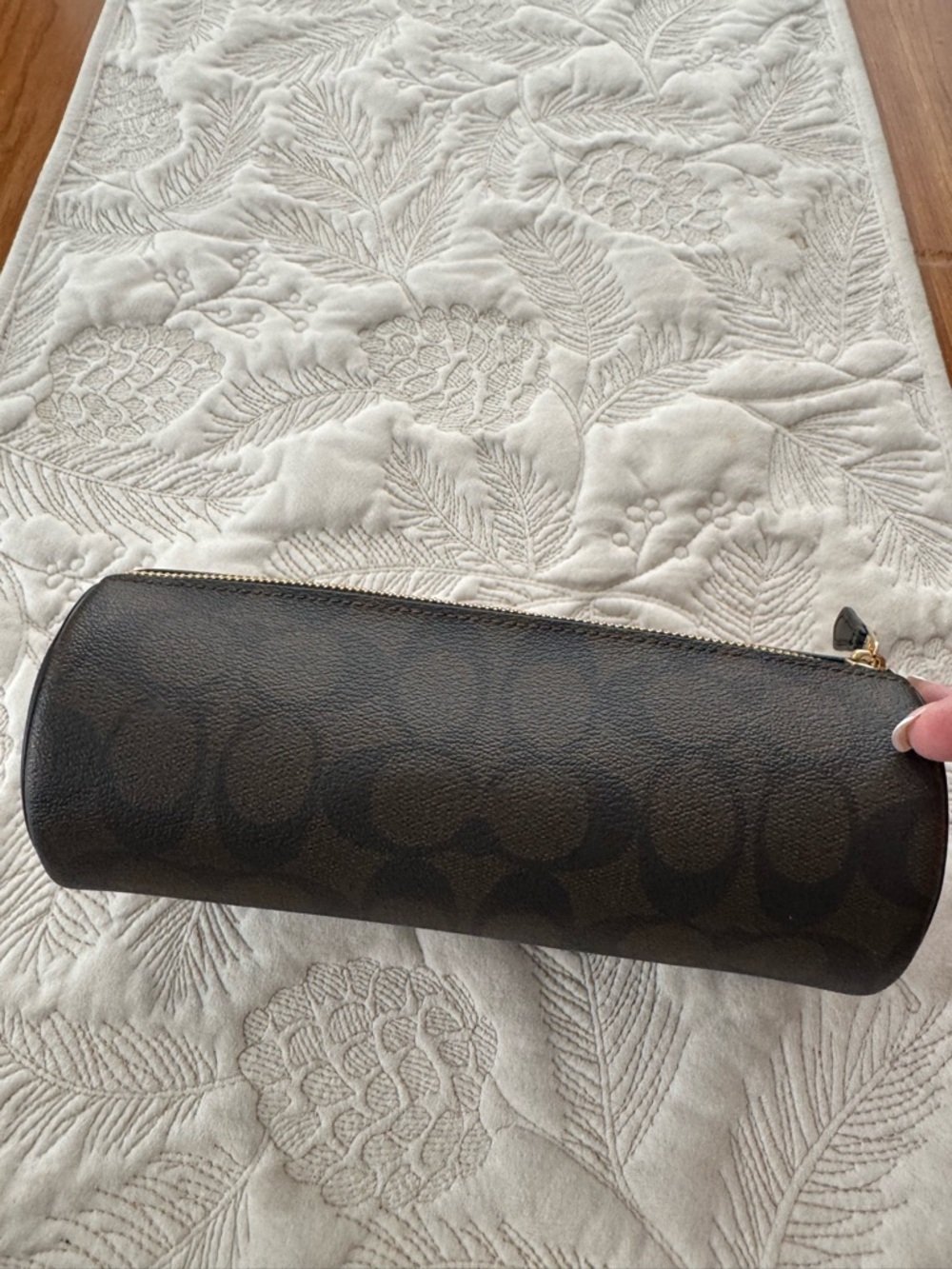 Coach Brown Signature Cylinder Zip Pouch with Gold Hardware - Picture 3 of 5